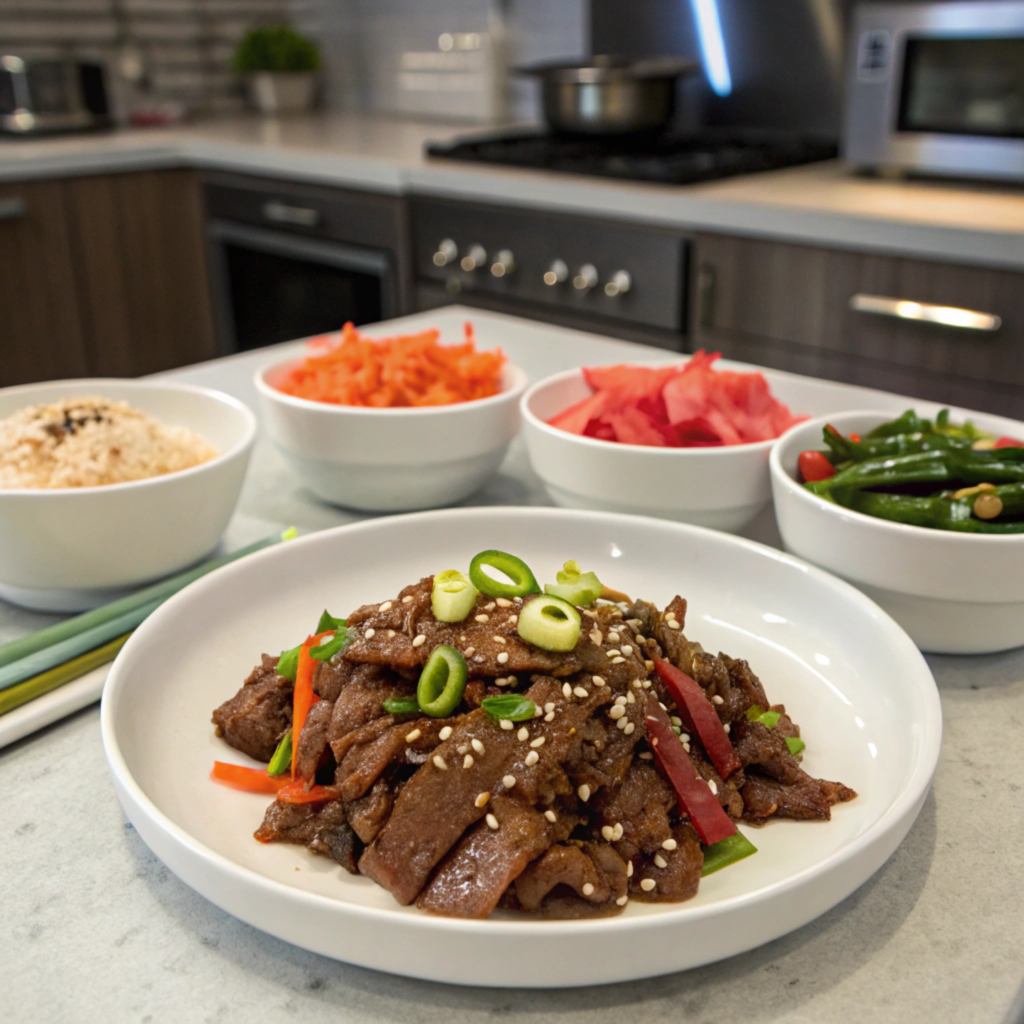 A plate of bulgogi served with rice and side dishes.