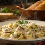 A plate of creamy chicken Alfredo tortellini garnished with parsley.