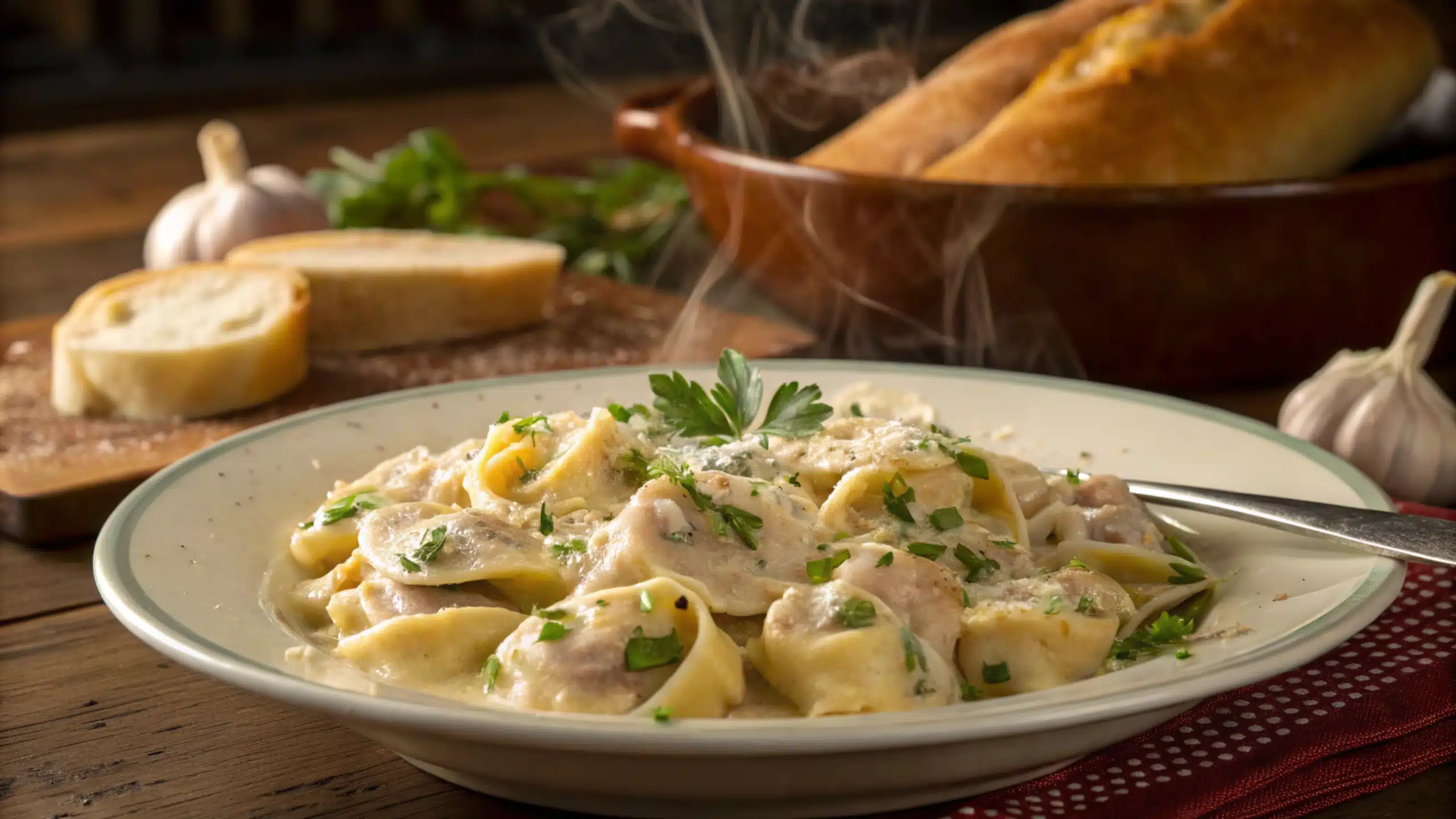 A plate of creamy chicken Alfredo tortellini garnished with parsley.