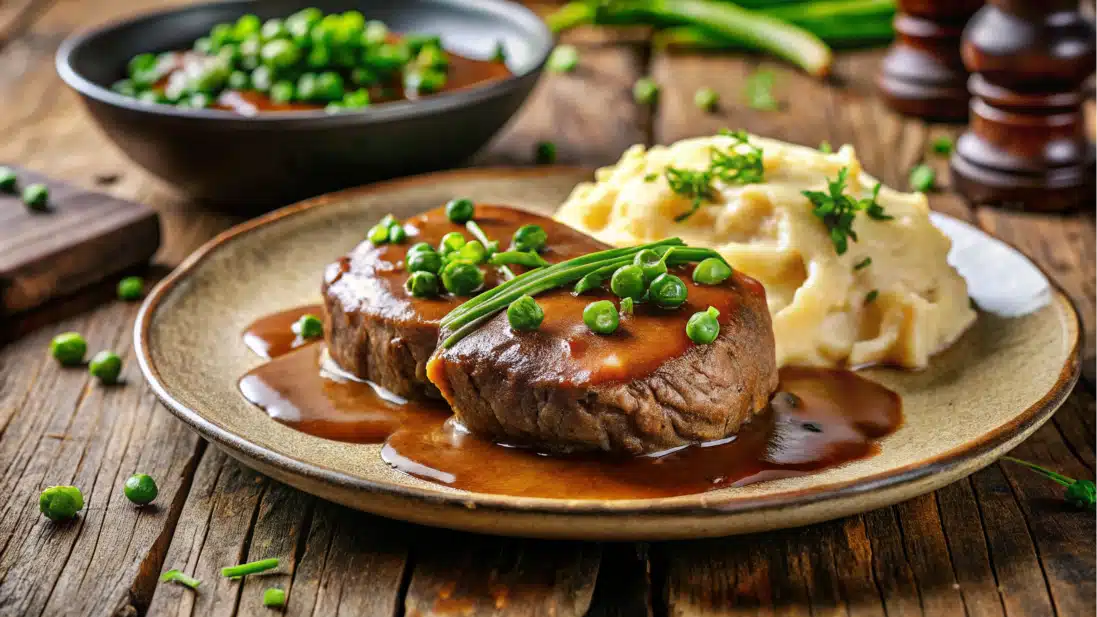 Plated beef round steak with mashed potatoes and green beans.