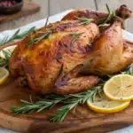Roasted chicken brined for tenderness and flavor, garnished with herbs.