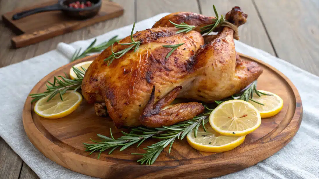 Roasted chicken brined for tenderness and flavor, garnished with herbs.