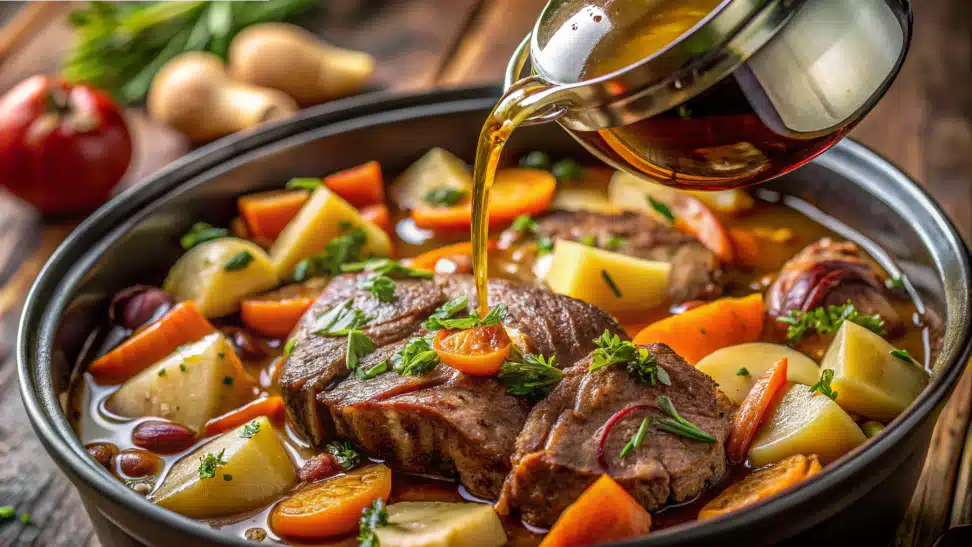 Layered steak and vegetables in a crock pot with beef broth.