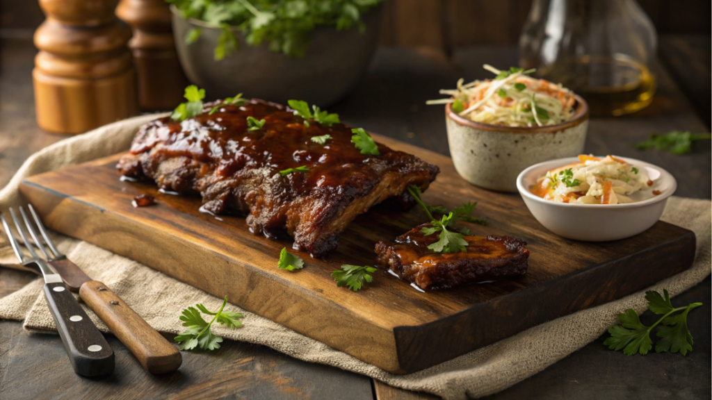 Juicy beef back ribs with barbecue sauce on a wooden board.