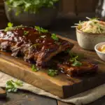 Juicy beef back ribs with barbecue sauce on a wooden board.