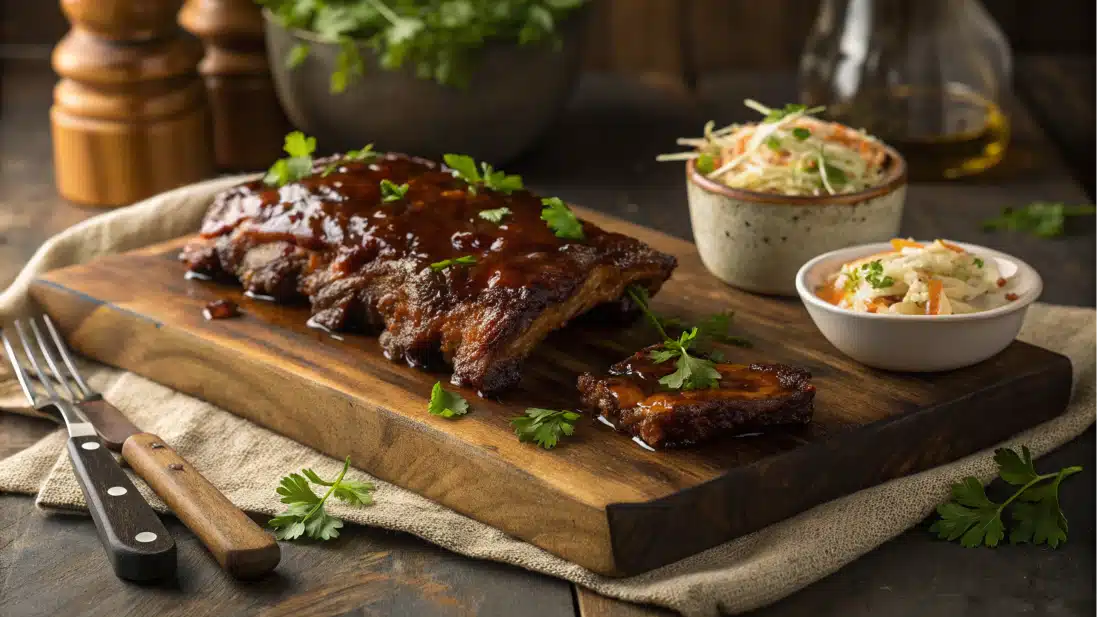 Juicy beef back ribs with barbecue sauce on a wooden board.