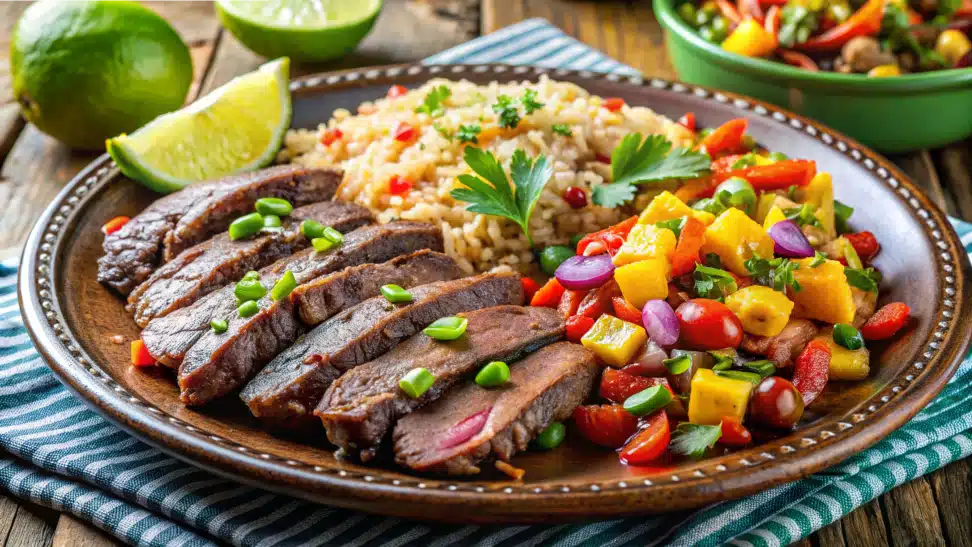 Crock pot steak with Mexican rice and salsa.