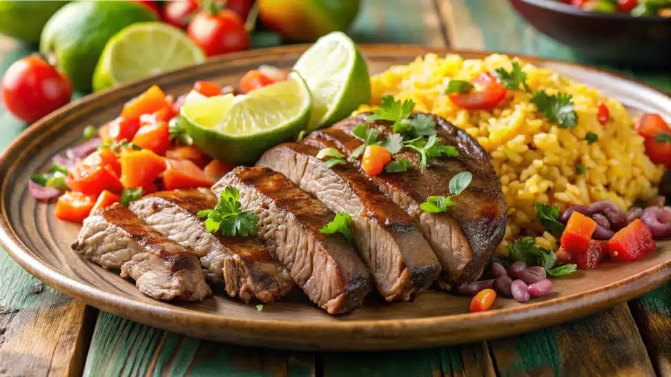 Crock pot steak with Mexican rice and salsa.