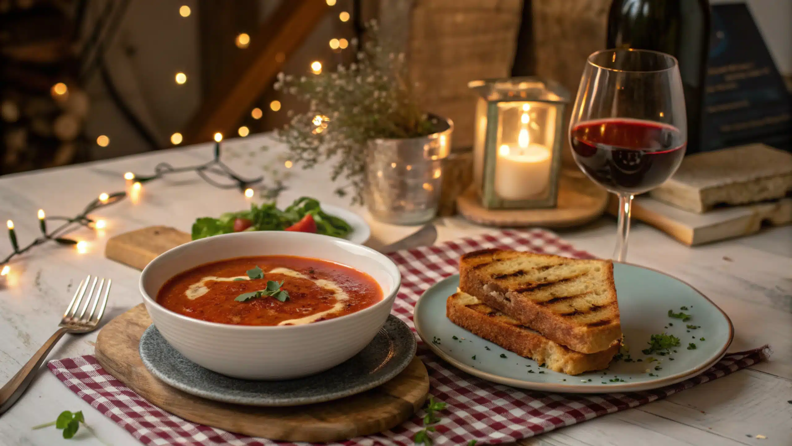 Creamy cherry tomato soup garnished with fresh basil leaves and crusty bread.