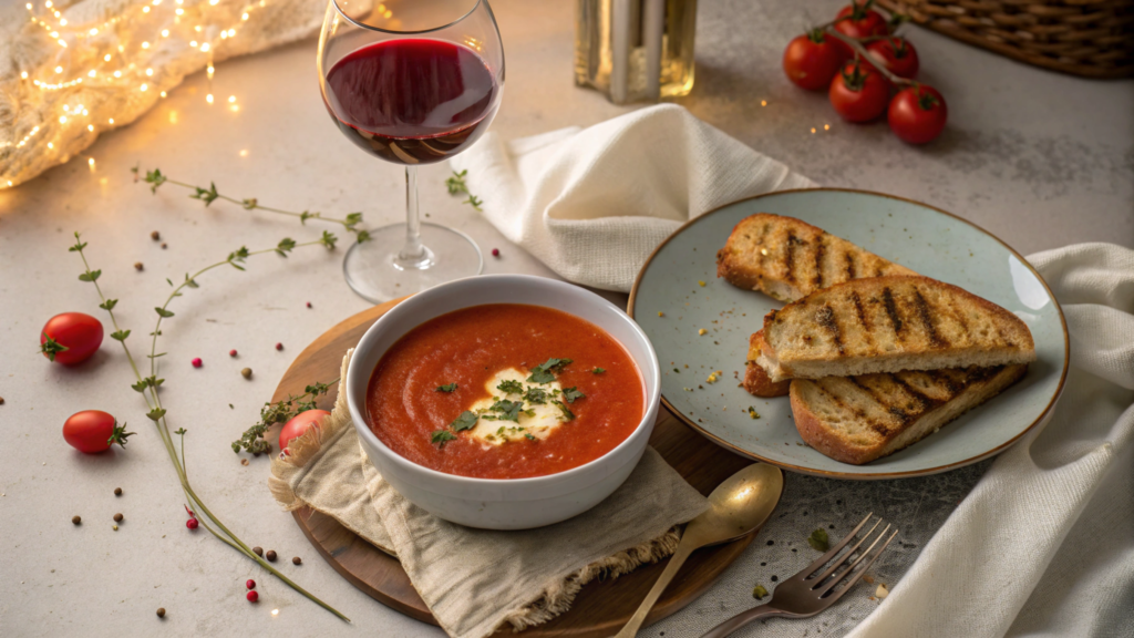 Creamy cherry tomato soup garnished with fresh basil leaves and crusty bread