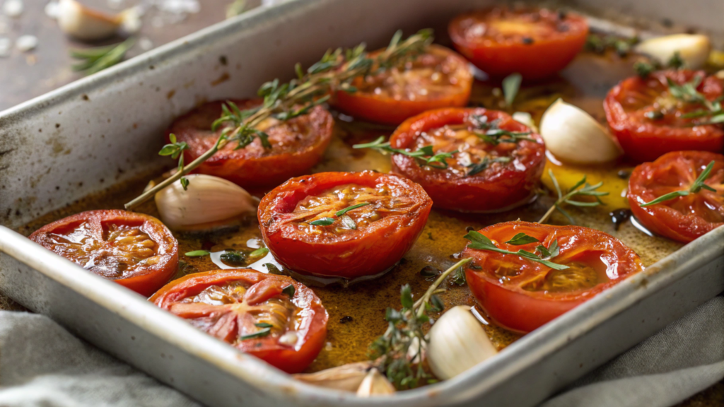 Roasted cherry tomatoes with garlic and herbs on a baking tray