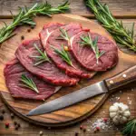 Sliced beef round steak with rosemary and pepper.