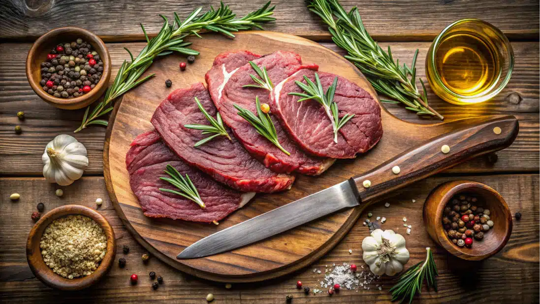 Sliced beef round steak with rosemary and pepper.