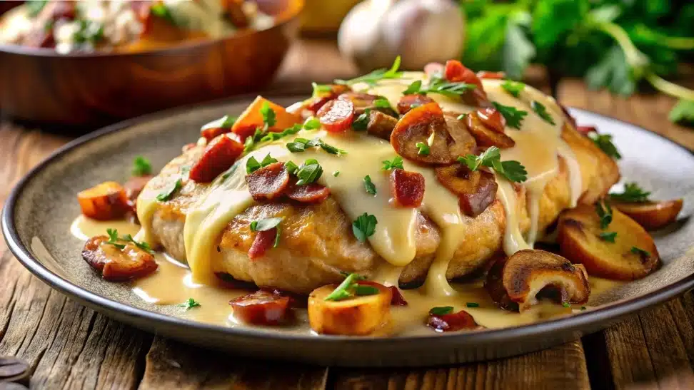 Alice Springs chicken with cheese, bacon, mushrooms, and honey mustard sauce.