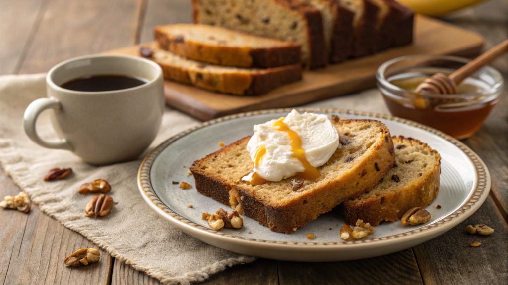 Slices of banana nut bread with cream cheese and honey drizzle.