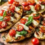 Grilled Chicken Margherita on a rustic table with Italian decor.
