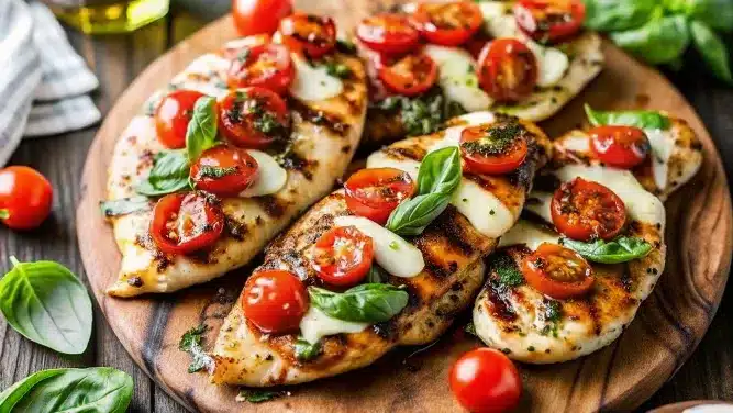 Grilled Chicken Margherita on a rustic table with Italian decor.