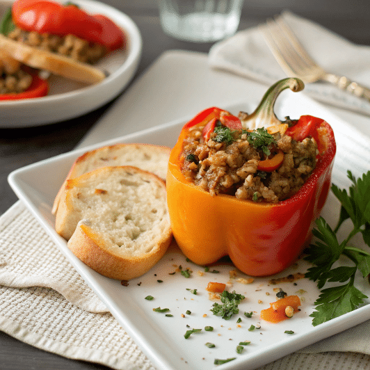 A Cajun-style stuffed pepper with a savory rice and meat filling, garnished with parsley and served with bread.