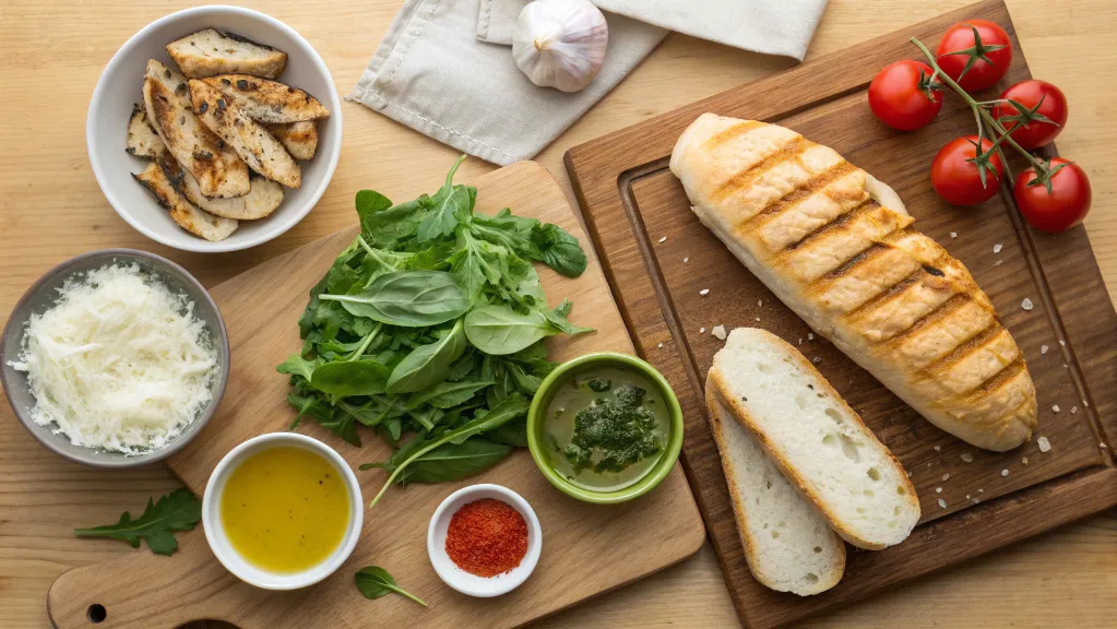 Ingredients for making pesto chicken sandwiches.