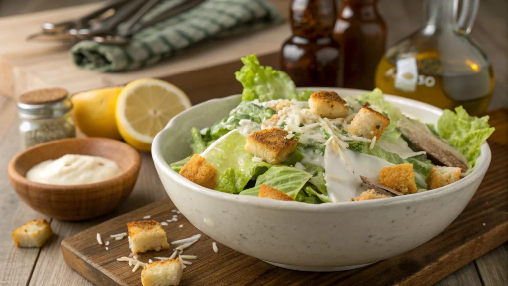 Classic Caesar salad with romaine, croutons, Parmesan, and dressing.