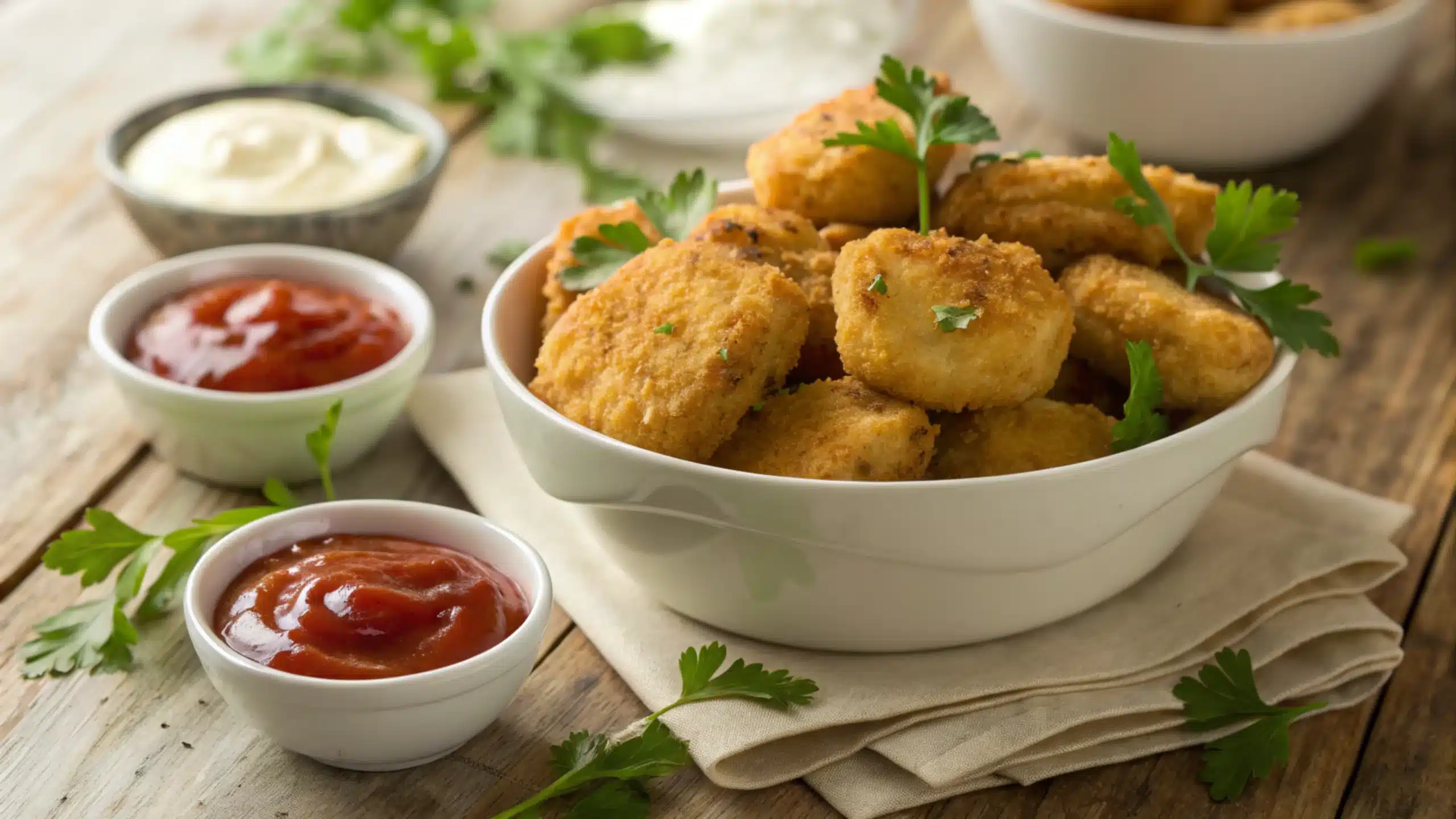 Crispy keto chicken nuggets served with dipping sauces.