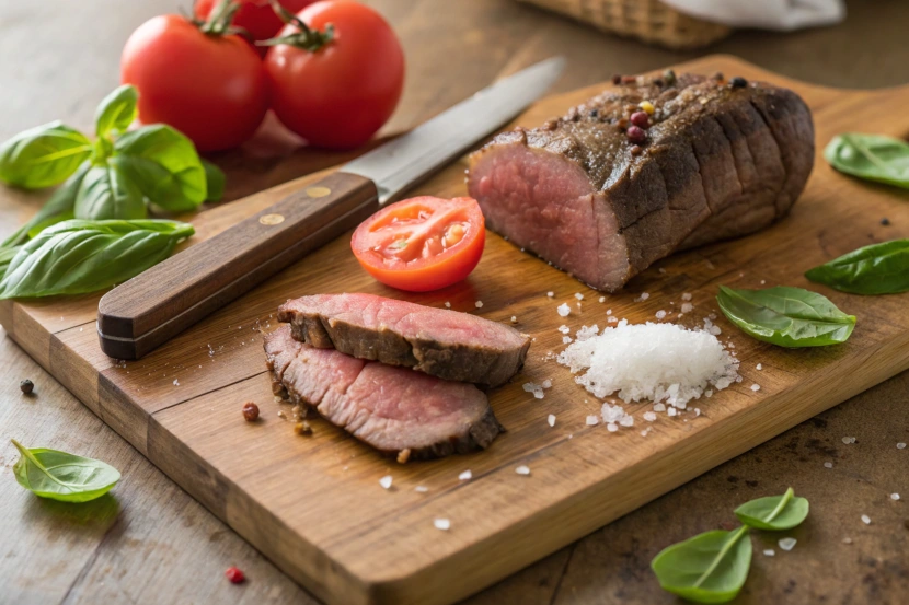 Sliced beef tomato with basil and sea salt on a cutting board.