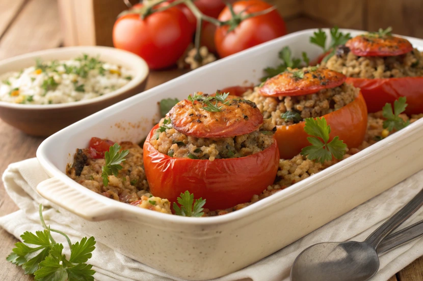 Stuffed beef tomatoes in a baking dish garnished with parsley.