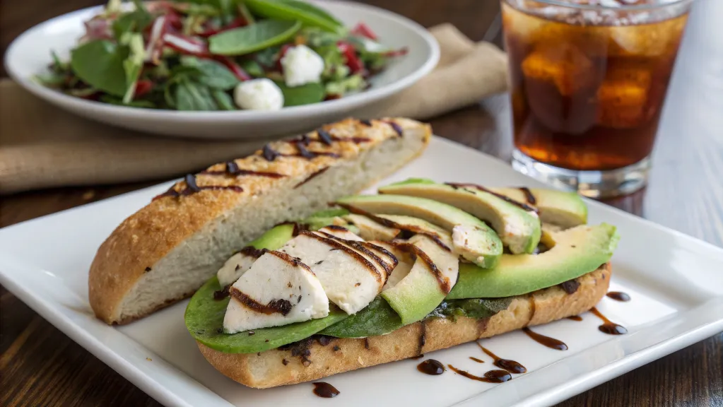 Creative pesto chicken sandwich with avocado and mozzarella.