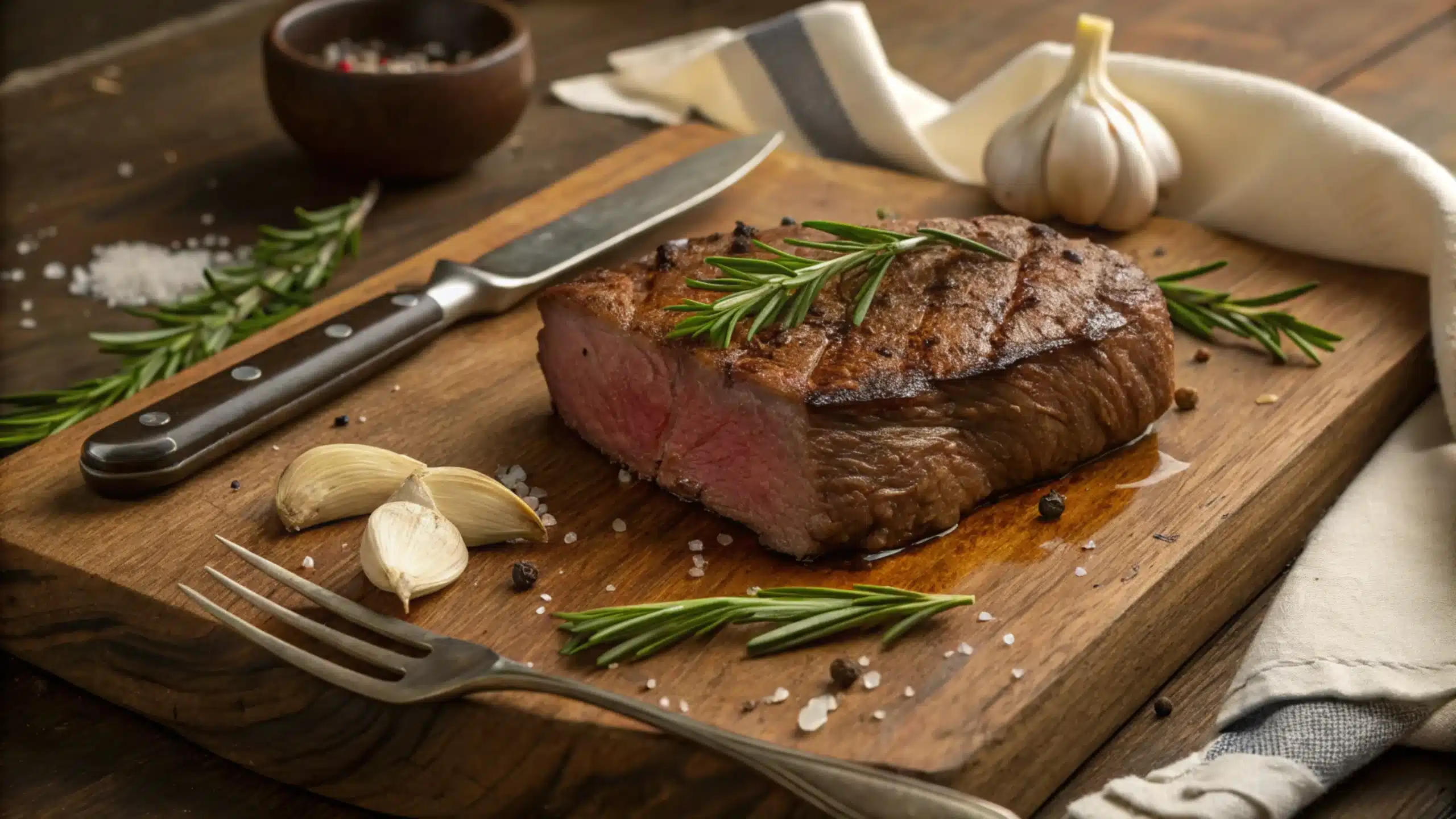 Perfectly cooked bottom round steak with rosemary.