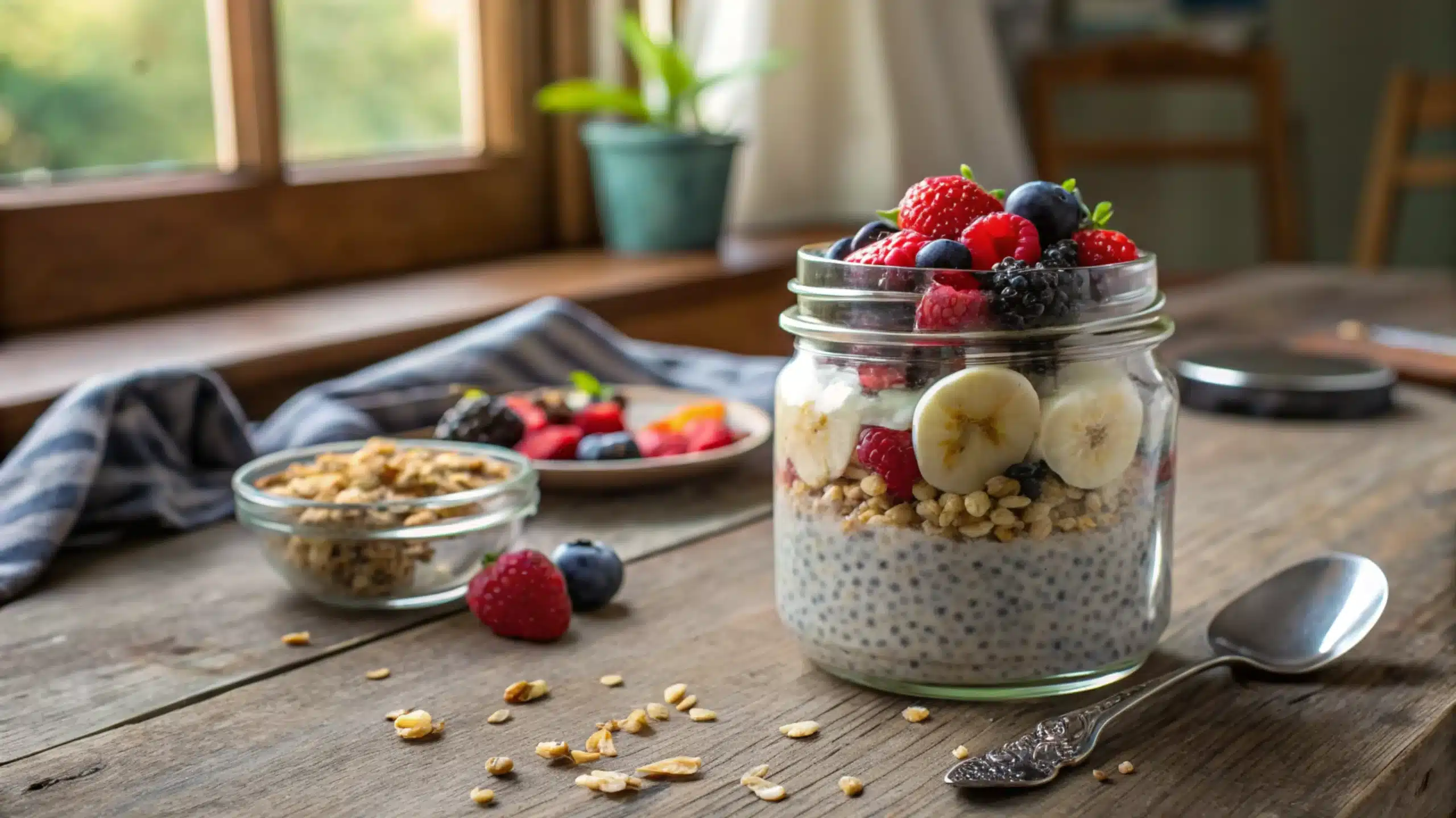 A jar of protein chia pudding topped with fresh fruit and granola.