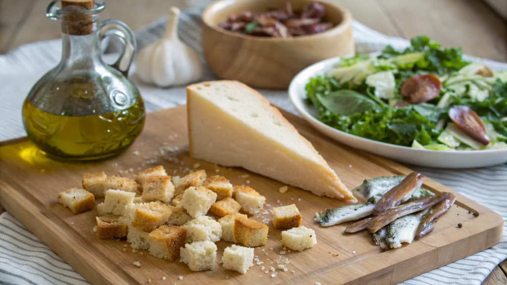 Ingredients for a classic Caesar salad on a wooden board.