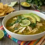 Green enchilada chicken soup with cilantro, avocado, and tortilla strips."