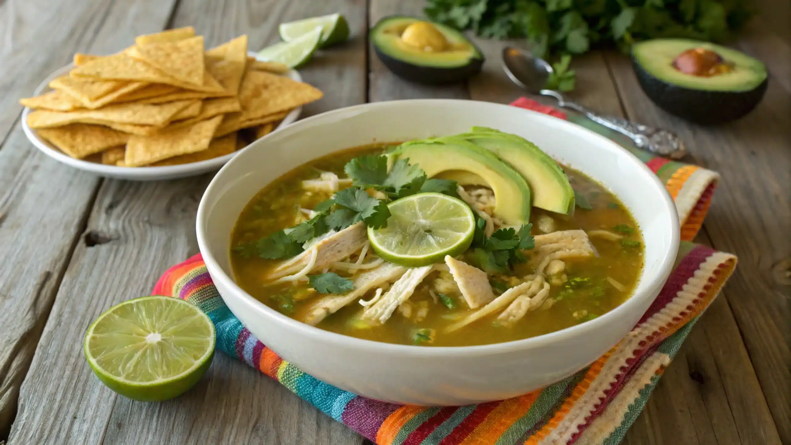 Green enchilada chicken soup with cilantro, avocado, and tortilla strips."