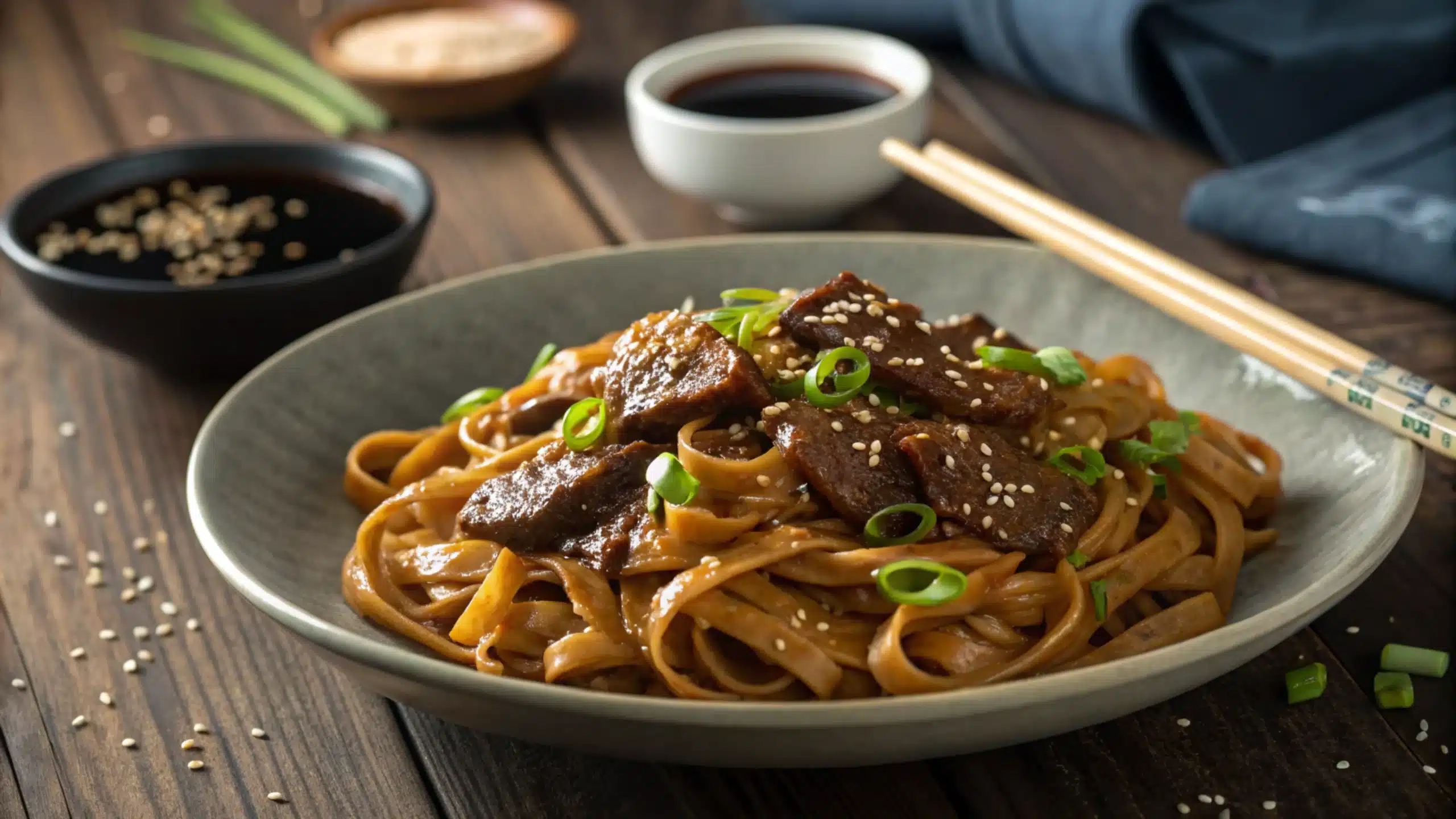 Plate of Mongolian beef noodles garnished with green onions and sesame seeds.