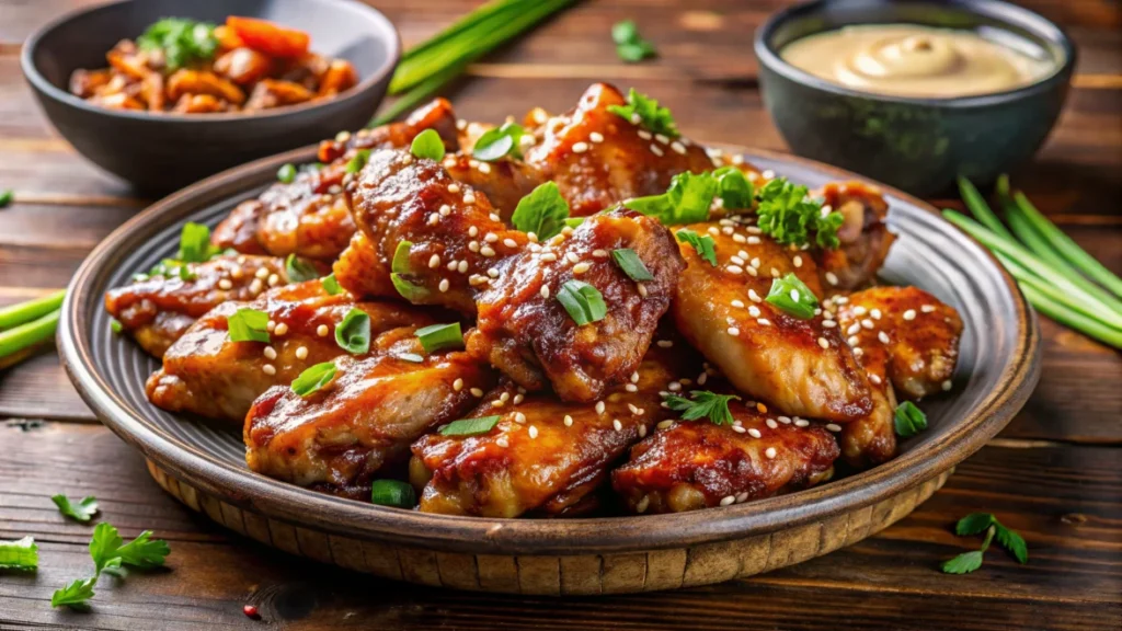 Honey garlic chicken wings garnished with sesame seeds and green onions.