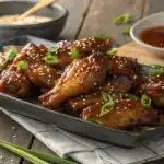 Honey garlic chicken wings garnished with sesame seeds and green onions.