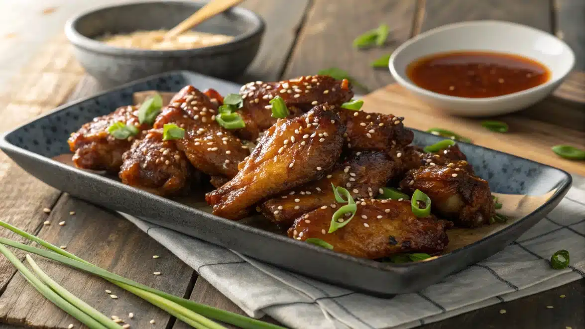 Honey garlic chicken wings garnished with sesame seeds and green onions.