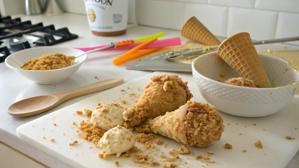 Step-by-step process of making ice cream fried chicken.