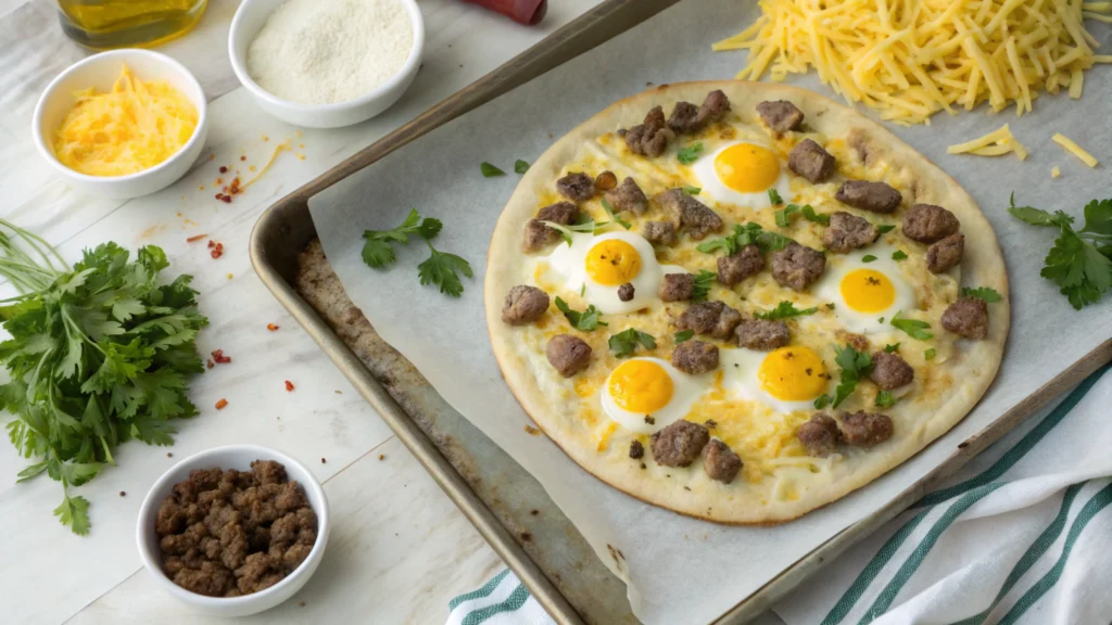 Top-down view of sausage gravy breakfast pizza on a sheet pan with fresh ingredients around