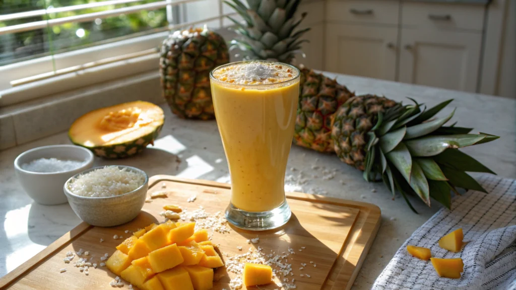 Tropical kefir smoothie with mango, pineapple, and coconut flakes.