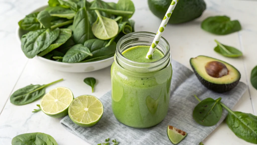 Green detox kefir smoothie with spinach, avocado, and lime