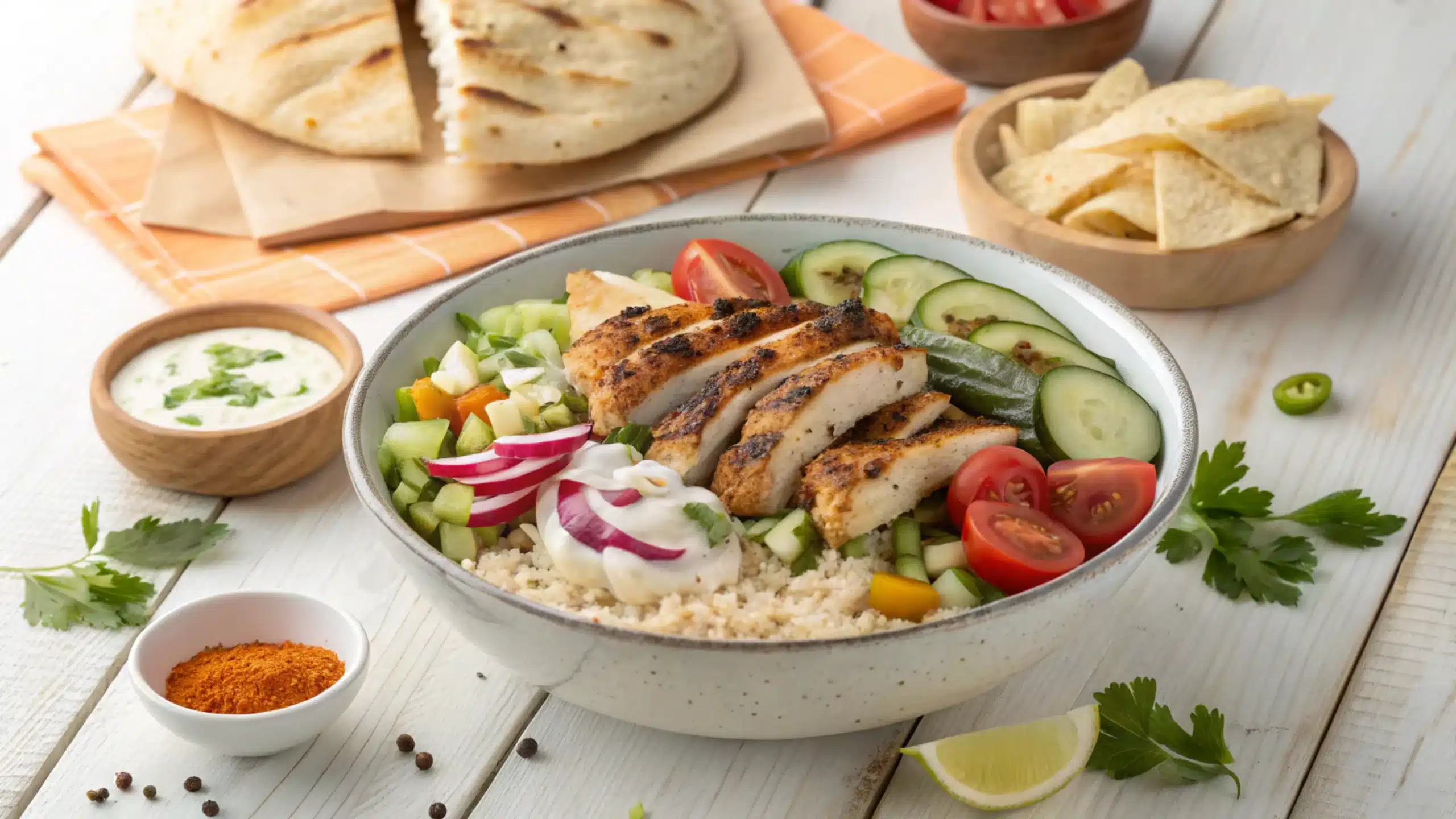 Chicken Shawarma Bowl with Fresh Vegetables and Sauce