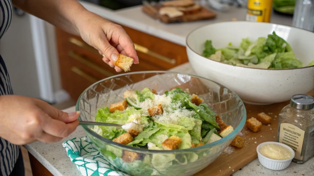 Tossing a Caesar salad with dressing and toppings
