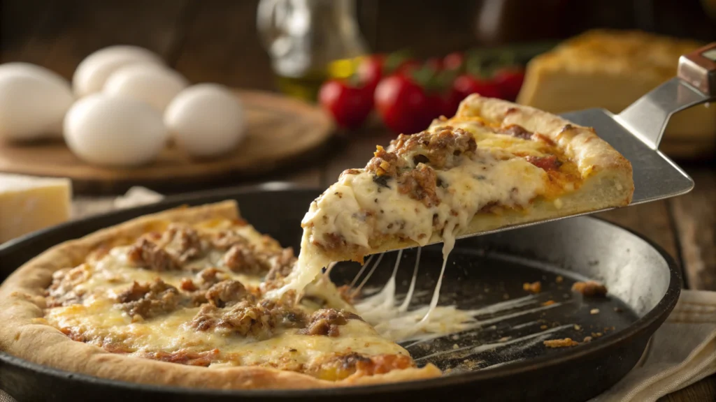 Slice of sausage gravy breakfast pizza being lifted from the pan