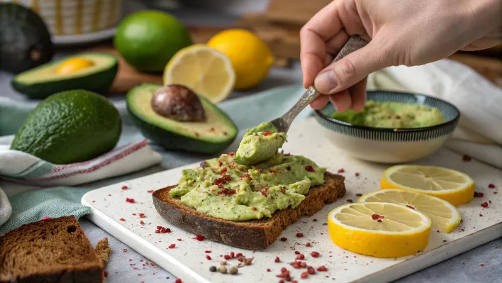 A close-up of mashed avocado being spread on toast.