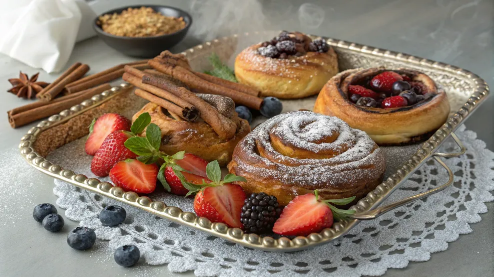 A platter of modern cinnamon Danish variations with toppings.
