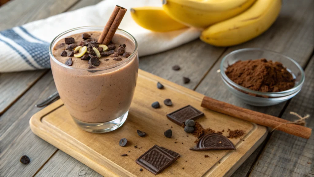 Glass of creamy chocolate banana kefir smoothie topped with dark chocolate shavings and a cinnamon stick, placed on a rustic wooden table