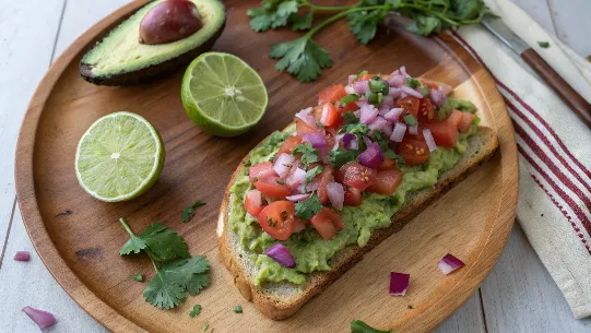 Guacamole toast with colorful toppings and lime wedges