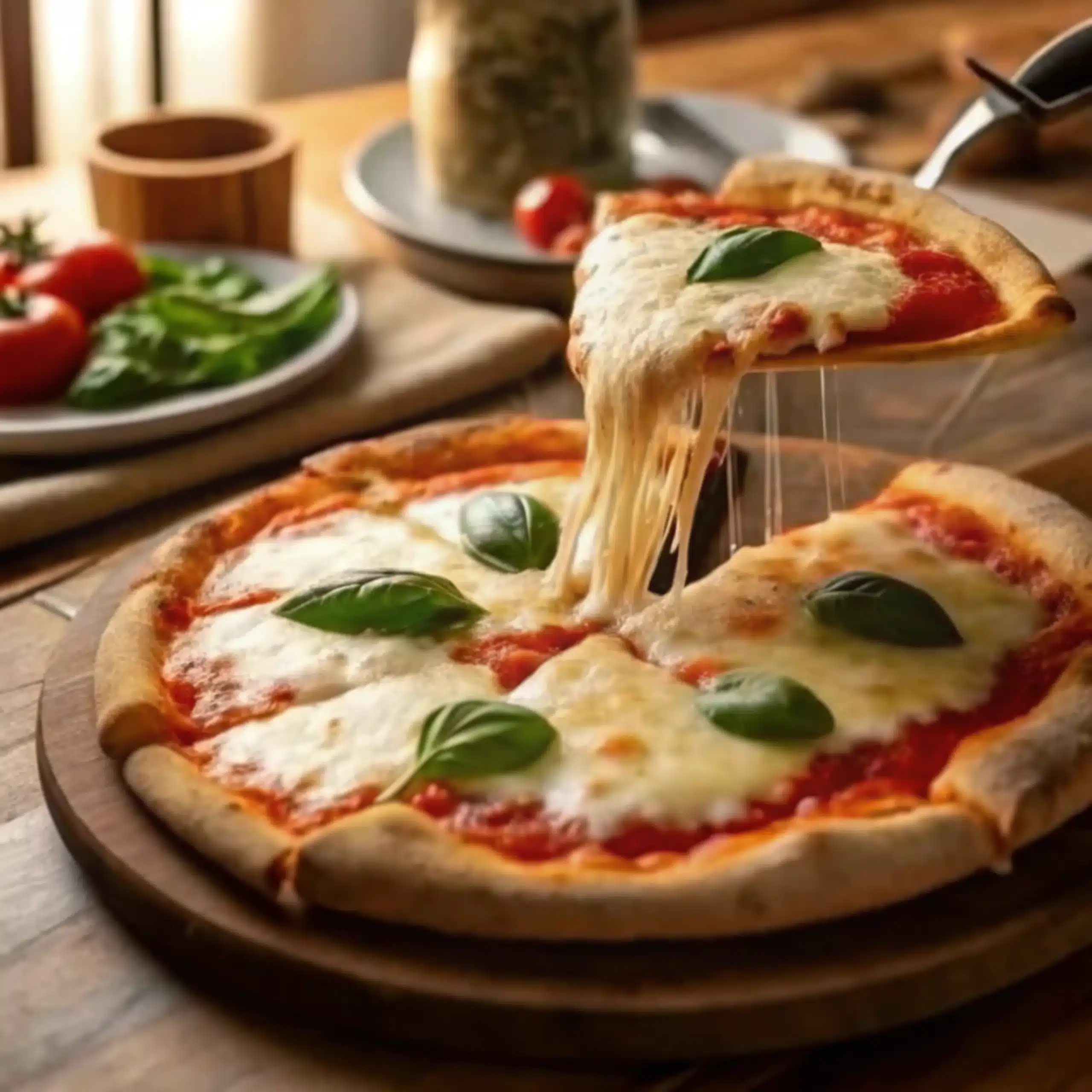 A freshly baked Margherita pizza with a golden, crispy crust, melted mozzarella cheese, vibrant tomato sauce, and fresh basil leaves, served on a wooden board.