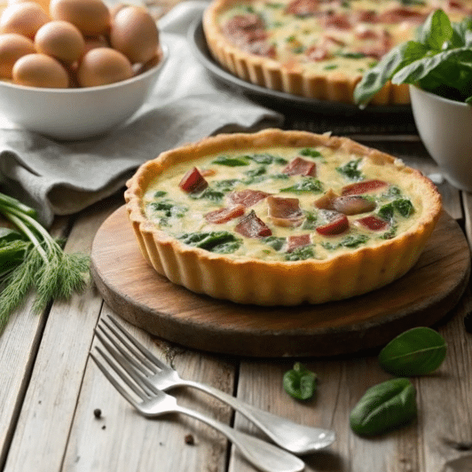 A freshly baked bacon spinach quiche with a golden crust, served on a wooden board with fresh spinach and eggs in the background.